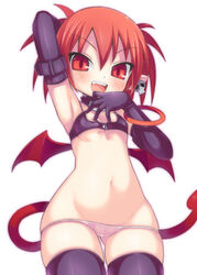 :d aida_takanobu armpits bat_wings blush bracelet cute demon_girl disgaea disgaea_1 earrings elbow_gloves etna flat_chest gloves hand_behind_head jewelry lowleg lowleg_panties mound_of_venus naughty_face navel nippon_ichi_software open_mouth panties pelvic_line red_eyes red_hair simple_background skindentation skull smile solo tail thighhighs underwear white_background wide_hips wings