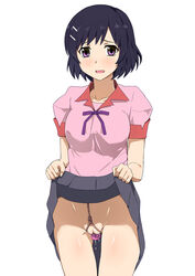 black_hair bondage bondage dildo female hanekawa_tsubasa ichihisa monogatari_(series) no_panties penetration purple_eyes pussy pussy_juice school_uniform short_hair skirt skirt_lift solo