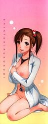 barefoot blush bottomless breasts brown_eyes brown_hair female highres labcoat large_breasts looking_at_viewer naked_shirt nipples no_bra nude open_clothes open_mouth open_shirt original ponytail shikishiro_konomi shirt sitting smile solo stethoscope tied_hair