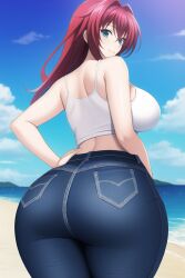 ai_generated ass_focus blue_eyes curvy curvy_figure gigantic_ass hand_on_hip high_school_dxd high_waisted_pants huge_ass huge_breasts jeans long_hair nai_diffusion red_hair rias_gremory seductive_smile shiny_hair shiny_skin stable_diffusion thick_thighs tight_pants voluptuous white_tank_top wide_hips