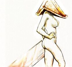 1girls armor artist_request ass breasts color female female_only female_pyramid_head genderswap great_knife helmet humanoid konami nude pyramid_head rule_63 side_view silent_hill silent_hill_2 simple_background solo standing sword villainess weapon white_background