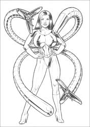 boots breasts cameltoe clothes doctor_octopus female female_only footwear front_view greyscale hair hands_on_hips high-heeled_jill high_heels human long_hair looking_at_viewer marvel marvel_comics monochrome open_eyes pose rule_63 solo spider-man_(series) standing straight_hair white_background