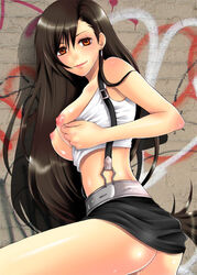 1girls 2007 black_hair breasts female female_only final_fantasy final_fantasy_vii huge_breasts human large_breasts midriff miniskirt nipples pussy_juice random_(ningen_modoki) skirt smile solo straight_hair suspenders tifa_lockhart