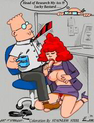 1girls 2002 2boys alice_(dilbert) blowjob breasts closed_eyes colored dated dilbert dilbert_(franchise) english english_text fellatio female julius_zimmerman male male/female multiple_boys newspaper_comic_strip nipples pubic_hair pussy sock stainless_steel text wally_(dilbert)