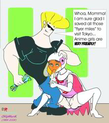 1girls 2004 boots breasts cartoon_network chipmunk_(artist) crossover eastern_and_western_character fellatio female gatchaman gloves helmet human johnny_bravo johnny_bravo_(series) jun_the_swan large_breasts light-skinned_female light_skin male oral penis skirt straight superheroine visor