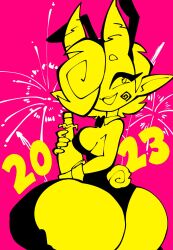 2023 :d amy_(jek_korpen) ass big_ass big_breasts black_legwear breasts bunny_ears bunny_tail bunnysuit champagne clothing female fireworks horns jek_korpen legwear leotard looking_back pink_background solo thick_thighs yellow_skin