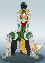 2017 absurd_res ankle_cuffs anthro black_nose blush bondage bound bulge canine clothed clothing dipstick_tail fox fox_mccloud fur gloves gradient_background green_eyes green_pupils handcuffs hi_res jeffk38uk looking_at_viewer male male_only mammal multicolored_fur multicolored_tail nintendo orange_fur shackles simple_background sitting solo star_fox teeth text two_tone_fur video_games wrist_cuff