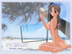 1girls barefoot beach braid feet female glasses holding holding_glasses hoshina_tomoko medium_breasts nude sitting solo tan tanline to_heart to_heart_(series) tomoko_hoshina tsuina wallpaper wariza