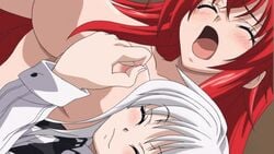 2girls animated animated_gif breasts demon_girl female hair high_school_dxd koneko_toujou large_breasts long_hair multiple_girls nipple_tweak nipples red_hair rias_gremory screencap screenshot tnk_(company) white_hair yuri