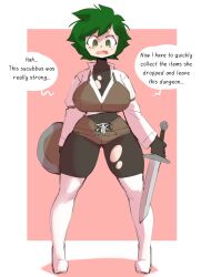 bodysuit bodysuit_under_clothes borvar female female_deku front_view genderswap_(mtf) izuku_midoriya large_breasts light_skin my_hero_academia platform_heels rule_63 sole_female sweat thick_thighs torn_bodysuit torn_clothing