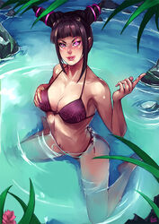 barefoot bikini black_hair breasts capcom cleavage eyelashes female female_only from_above glowing_eye human index_finger_raised juri_han kachima kneeling licking licking_lips looking_at_viewer looking_up nature navel outdoors partially_submerged pink_eyes river short_twintails solo spider_web_print street_fighter super_street_fighter_iv swimsuit tied_hair twintails water