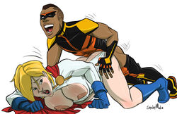 ass blonde_hair breasts clothed_sex dark-skinned_male dark_skin dc dc_comics doggy_style female hot-rod interracial male nipples power_girl sex stickymon straight