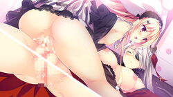 2girls anus areolae ass bed blonde_hair blush breasts breasts_out carrot_lu_angora censored closed_eyes cum cum_in_pussy dress_lift eye_patch from_behind game_cg grey_hair kanojo_ga_ore_ni_kureta_mono._ore_ga_kanojo_ni_ageru_mono. large_breasts legs long_hair lying mosaic_censoring multiple_girls nipples no_bra onomatope open_mouth panties pink_eyes ponytail shiratama small_breasts spread_legs taiga_(kanojo_ga_ore_ni_kureta_mono._ore_ga_kanojo_ni_ageru_mono.) thighs tied_hair underwear