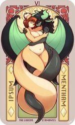 2019 anthro big_breasts black_hair black_scales breasts brown_hair card duo female fur green_horn hair horn hug major_arcana mammal membranous_wings mint_(jakkid13) nude pudding_(jakkid13) rodent scales sciurid secretly_saucy tan_fur tarot tarot_card the_lovers_(tarot) tree_squirrel wholesome wings yuri