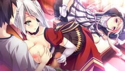 1boy 2girls areolae blonde_hair blush breast_grab breasts breasts_out carrot_lu_angora censored collarbone elbow_gloves eye_patch forced_to_watch game_cg gloves green_eyes grey_hair handjob highres kanojo_ga_ore_ni_kureta_mono._ore_ga_kanojo_ni_ageru_mono. large_breasts long_hair mosaic_censoring multiple_girls nipples onomatope open_mouth penis pink_eyes ponytail shiratama taiga_(kanojo_ga_ore_ni_kureta_mono._ore_ga_kanojo_ni_ageru_mono.) tied_hair