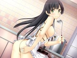 apron ass black_hair blush bondage breasts female femsub game_cg green_eyes happy_sub honjou_masato kitchen kuga_makoto ladle long_hair looking_at_viewer love_lab love_lab_(game) naked_apron rope smile solo