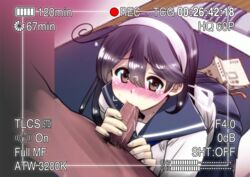 1boy 1girls black_hair blowjob blush book brown_eyes camcorder camera clothed_female_nude_male dark-skinned_male dark_skin fellatio female from_above hairband handjob kantai_collection kneeling light-skinned_female light_skin looking_at_viewer male oral penis perepere-kun pov purple_hair recording school_uniform serafuku tears uncensored ushio_(kantai_collection)