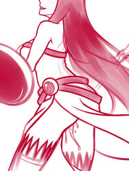 bare_shoulders breasts dress female head_out_of_frame highres ian_chase kid_icarus kid_icarus_uprising long_dress long_hair monochrome nintendo palutena pussy_juice pussy_juice_trail shield side_slit smile solo staff strapless_dress super_smash_bros.