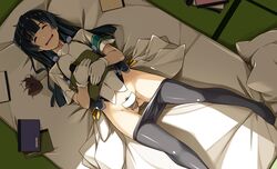 black_hair bodysuit closed_eyes female flat_chest gloves honda_masazumi kyoukaisenjou_no_horizon long_hair maebari pantyhose pubic_hair shikei sleeping solo tsukinowa_(horizon)