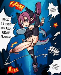 1futa blush_stickers cum demon disgaea disgaea_3 dress ejaculation erection futa_only futanari hair horns huge_cock intersex large_penis marnic nippon_ichi_software no_panties open_mouth penis pointy_ears purple_eyes purple_hair raised_leg raspberyl short_hair small_but_hung small_dom_big_sub solo testicles thighhighs uncensored