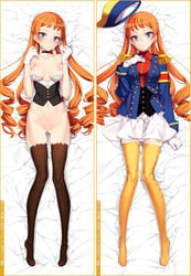 ass_visible_through_thighs bare_shoulders bed_sheet black_legwear blue_eyes blush bottomless breasts breasts_out choker cleavage collarbone corset dakimakura drill_hair eiyuu_senki eiyuu_senki_gold hat lingerie long_hair long_legs looking_at_viewer lying medium_breasts midriff military_uniform miniskirt napoleon_bonaparte_(eiyuu_senki) nipples ooyari_ashito orange_hair smile tenco thighhighs thighs tsurime uniform white_gloves yellow_legwear zettai_ryouiki