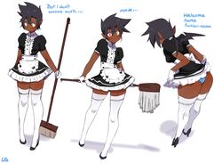 1girls amber_eyes bat_wings black_hair blush broom dark-skinned_female dark_skin dialogue english_text female female_only gloves heels lightsource looking_at_viewer maid maid_uniform original original_character panties pointy_ears solo solo_female thighhighs very_high_resolution white_background white_thighhighs wings zaffre_(lightsource)