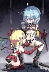 2girls bat_wings blonde_hair blue_hair bondage chains chair female flandre_scarlet hair_ribbon incest kneeling looking_at_viewer multiple_girls noya_makoto pointy_ears red_eyes red_legwear remilia_scarlet restrained ribbon siblings sisters sitting spread_legs thighhighs tied_up touhou white_legwear wings yuri