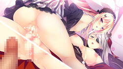 2girls anus areolae ass bed blonde_hair blush breasts breasts_out carrot_lu_angora censored cum cum_in_pussy dress_lift eye_patch from_behind game_cg green_eyes grey_hair kanojo_ga_ore_ni_kureta_mono._ore_ga_kanojo_ni_ageru_mono. large_breasts legs long_hair looking_back lying mosaic_censoring multiple_girls nipples no_bra onomatope open_mouth panties penis pink_eyes ponytail shiratama small_breasts spread_legs taiga_(kanojo_ga_ore_ni_kureta_mono._ore_ga_kanojo_ni_ageru_mono.) thighs tied_hair