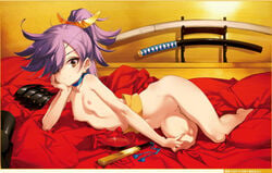 date_masamune_(eiyuu_senki) eiyuu_senki eiyuu_senki_gold female hand_on_own_cheek looking_at_viewer ooyari_ashito petite purple_hair short_ponytail smile tenco yellow_eyes