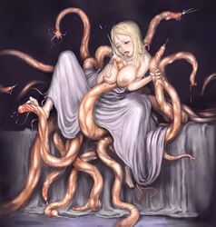 1girls ambiguous_penetration birth blonde_hair blush breast_squeeze breasts cauldron_(artist) clothing covered_penetration creature_inside cum dress dress_down female implied_penetration implied_sex long_hair nipples one_eye_closed open_mouth orange_tentacles parasite penis_tentacles red_eyes sex sex_under_clothes sex_under_dress sitting skirt solo spread_legs tentacle tentacle_between_breasts tentacle_girl tentacle_grab tentacle_paizuri tentacle_under_dress tentacles_under_clothes tongue tongue_out under_skirt white_dress