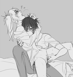 2girls artist_request bed black_and_white blush cape eyes_closed female fingering grabbing_hair hair_ornament heart pussy ruby_rose rwby scar source_request sucking_nipples weiss_schnee wet wet_pussy white_rose_(ship) yuri