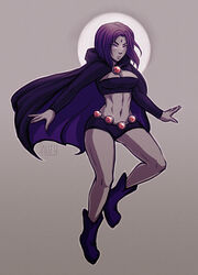 boots cape cleavage cleavage_cutout dc dc_comics female grey_skin k-y-h-u midriff navel pale_skin purple_hair rachel_roth raven_(dc) short_hair shorts solo straight_hair teen_titans