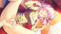 1girls blush censored closed_eyes female fingering game_cg glasses kanojo_ga_ore_ni_kureta_mono._ore_ga_kanojo_ni_ageru_mono. mosaic_censoring onomatope open_mouth panties purple_hair pussy shida_merii shiratama short_hair tagme underwear