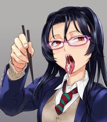 chopsticks clothing cum cum_in_mouth dokiyuri glasses tongue