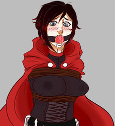 ball_gag bondage bound breasts cape drool drooling erect_nipples female femsub gag ruby_rose rwby see-through solo tbsp-art tied_up