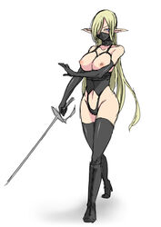 blonde_hair blue_eyes boots breasts collar elbow_gloves elf gloves hair_over_one_eye large_breasts latex latex_gloves latex_thighhighs long_hair maron_(kagamikunn) mask pointy_ears sword weapon