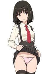 aged_up ai_generated airest alternate_age alternate_breast_size alternate_costume alternate_hairstyle bangs black_thighhighs blunt_bangs bob_cut collared_shirt college_student cowboy_shot female high-waist_skirt long_sleeves looking_at_viewer medium_breasts monogatari_(series) panties perky_breasts pink_panties pleated_skirt red_necktie school_uniform sengoku_nadeko showing_panties simple_background skirt_lift solo solo_female stable_diffusion suspender_skirt suspenders thighhighs white_background