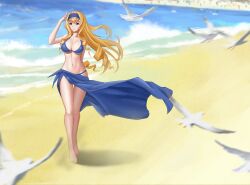 1girls arm_behind_back beach big_breasts bikini bird blonde_hair blue_bikini blue_eyes breasts busty cecilia_alcott cleavage curvy day drill_hair feet female_focus full_body hairband highres infinite_stratos large_breasts legs light_smile long_hair navel northman outdoors sarong smile solo standing swimsuit thighs voluptuous walking wide_hips