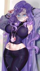 big_breasts black_jeans blue_eyes breasts busty clothed_female clothes clothing curly_hair glasses jeans long_hair mamavale milf purple_hair smile upper_body virtual_youtuber vtuber