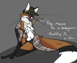 breasts canine clothing dialogue eyewear fangs female fox fur furry glasses grey_eyes hat mammal multi_breast omnipresentcrayon orange_fur pants shirt simple_background solo tongue