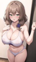 1girls ai_generated bra breasts brown_hair female genshin_impact green_eyes hi_res hips huge_breasts lisa_(genshin_impact) long_hair looking_at_viewer naughty_face panties stable_diffusion stuffyai thick_thighs thighs wide_hips