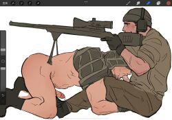 2boys alfeskimoo bara beard blowjob bottomless_male erection facial_hair fellatio gay gay_sex glaz_(rainbow_six) goatee human kapkan_(rainbow_six) male male/male male_only male_pubic_hair manly mature_male military mustache oral oral_sex penis penis_out precum precum_drip procreate_(software) rainbow_six_siege sniper sniper_rifle uniform