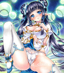 artist_name at_classics blue_eyes blue_hair breasts cleavage cleavage_cutout double_bun earrings female jewelry large_breasts leg_up legs long_hair looking_at_viewer original panties pointy_ears sample solo thighhighs thighs underwear white_legwear white_panties