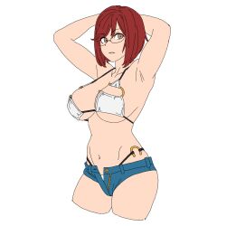 1girls armpits arms_behind_head arms_up bikini breasts cleavage flat_colors florida_bikini glasses large_breasts onsen_tamago_(hs_egg) red_hair short_shorts shorts solo