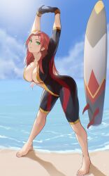 1girls adventurequest_worlds aqw aqworlds artix_entertainment beach big_ass big_breasts blush cleavage female green_eyes jon_eve light-skinned_female long_hair red_hair sand solo stretching surfboard swimsuit water yara_(aqw)