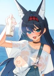 :d alcohol animal_ear_fluff animal_ears aqua_eyes arknights arm_up bare_shoulders beer beer_can black_choker black_hair blaze_(arknights) blush breasts can choker collarbone covered_nipples day drink drink_can ett female hair_between_eyes hair_intakes hairband hi_res holding holding_can holding_drink large_breasts lens_flare long_hair off_shoulder open_mouth outdoors red_hairband see-through_clothes shirt short_sleeves smile solo sunlight t-shirt upper_body