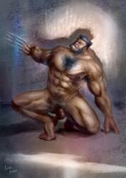 1boy animasanimus balls bara body_hair flaccid james_howlett male male_only marvel marvel_comics micromutated muscles muscular nude penis sideburns solo solo_male spread_legs uncensored wolverine_(x-men) x-men yaoi