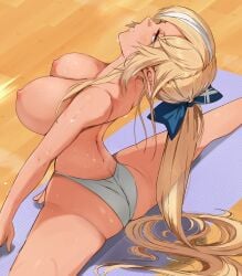 big_breasts blonde_hair blue_bow elf_ears hololive hololive_fantasy hololive_japan large_breasts long_hair pale_skin panties ponytail puffy_nipples red_eyes shiranui_flare sweat sweatdrop sweating sweaty_body sweaty_breasts tomo0843 topless virtual_youtuber white_streak yoga yoga_mat