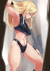 1girls abs ario armpit big_breasts black_panties blonde_hair blue_eyes boots breasts cameltoe female female_only hair_pull hand_on_thigh highleg human long_hair looking_down metroid muscle muscular_female nintendo samus_aran sports_bra standing super_metroid sweat sweatdrop sylux_(metroid) thick_thighs wet wristband