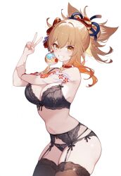 ai_generated arm_tattoo ass belly_button big_breasts blonde_hair blush brown_eyes choker earrings genshin_impact hair_ornament hoyoverse leaning_forward long_hair looking_at_viewer necklace panties setsuaiart side_view slim_waist smiling_at_viewer stockings teenager thick_thighs thigh_highs thighhighs tied_hair v_sign wide_hips yoimiya_(genshin_impact)